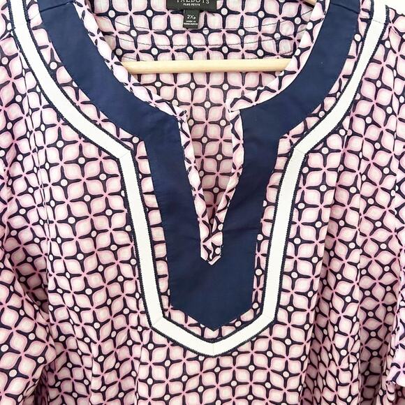 Talbots Pink Blue Geometric Print 3/4 Sleeve 100% Cotton Tunic Top Sz 2X Petite - Picture 3 of 6